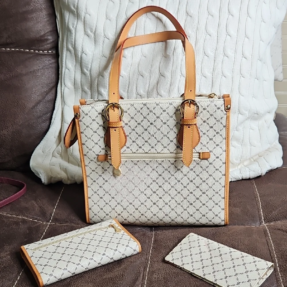 Rioni Hannah Women’s Tote With Porto Checkbook Wallet Set Cream And Tan