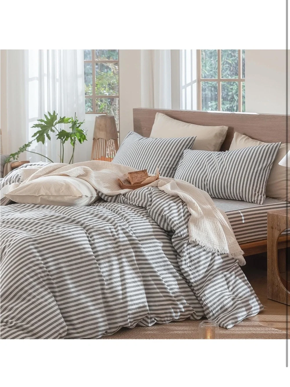 NEW MooMee Classic Striped Duvet Cover Set 100% Washed Cotton Linen Like Texture
