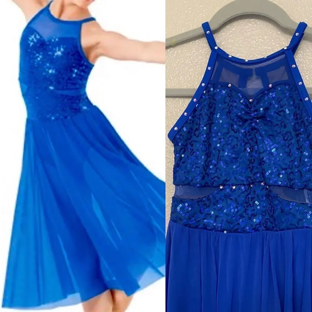 WEISSMAN Dance blue sequin Costume maxi dress lyrical 9876 child IC- child 7/8