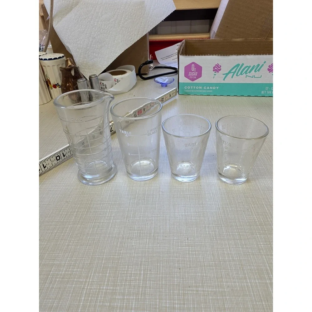 Vintage Hazel Atlas Glass Measuring Set Spouted Beaker Medicine Shot Glasses 4pc