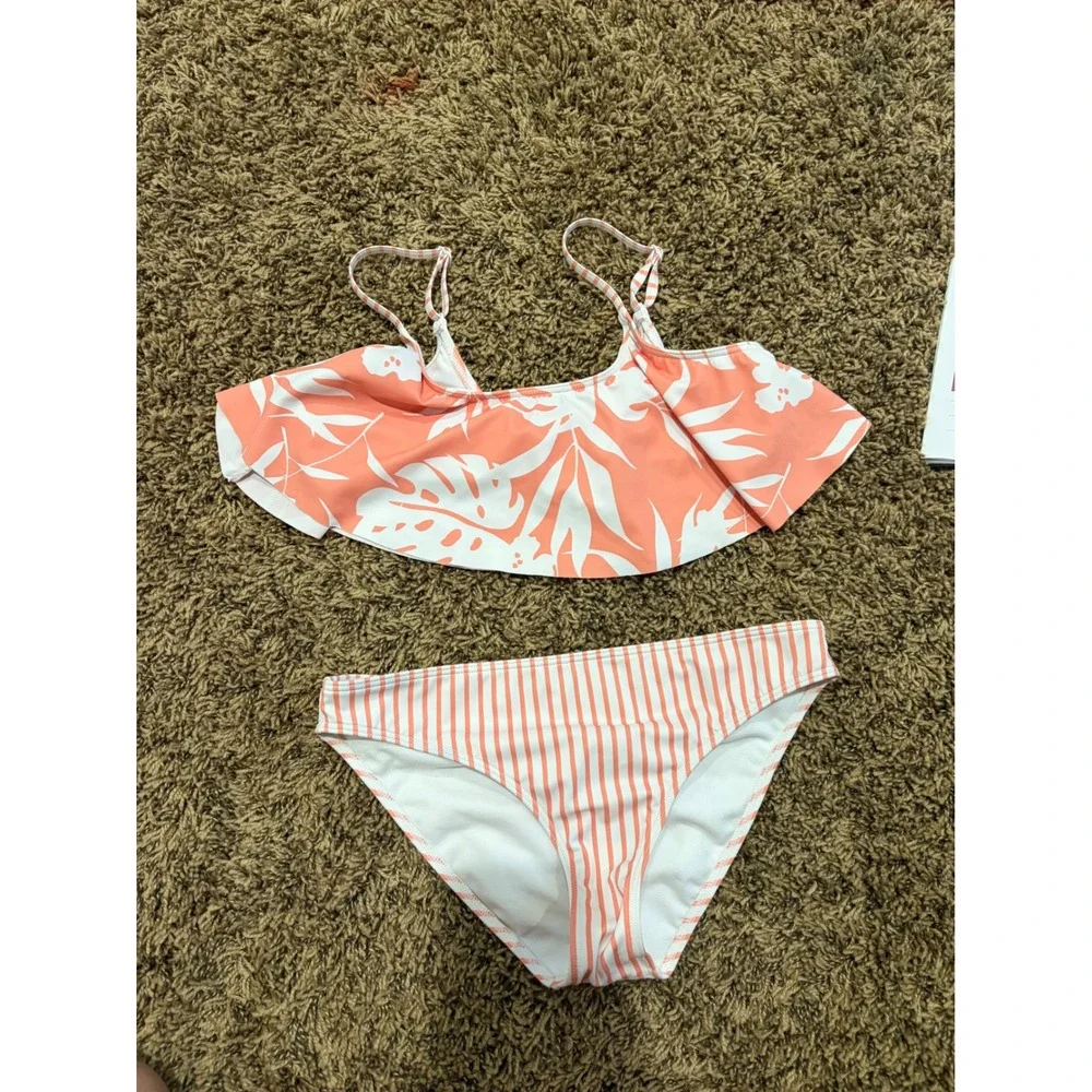 Roxy Girl Kids Size 14 Two Piece Bikini Swimsuit Coral White Floral Striped
