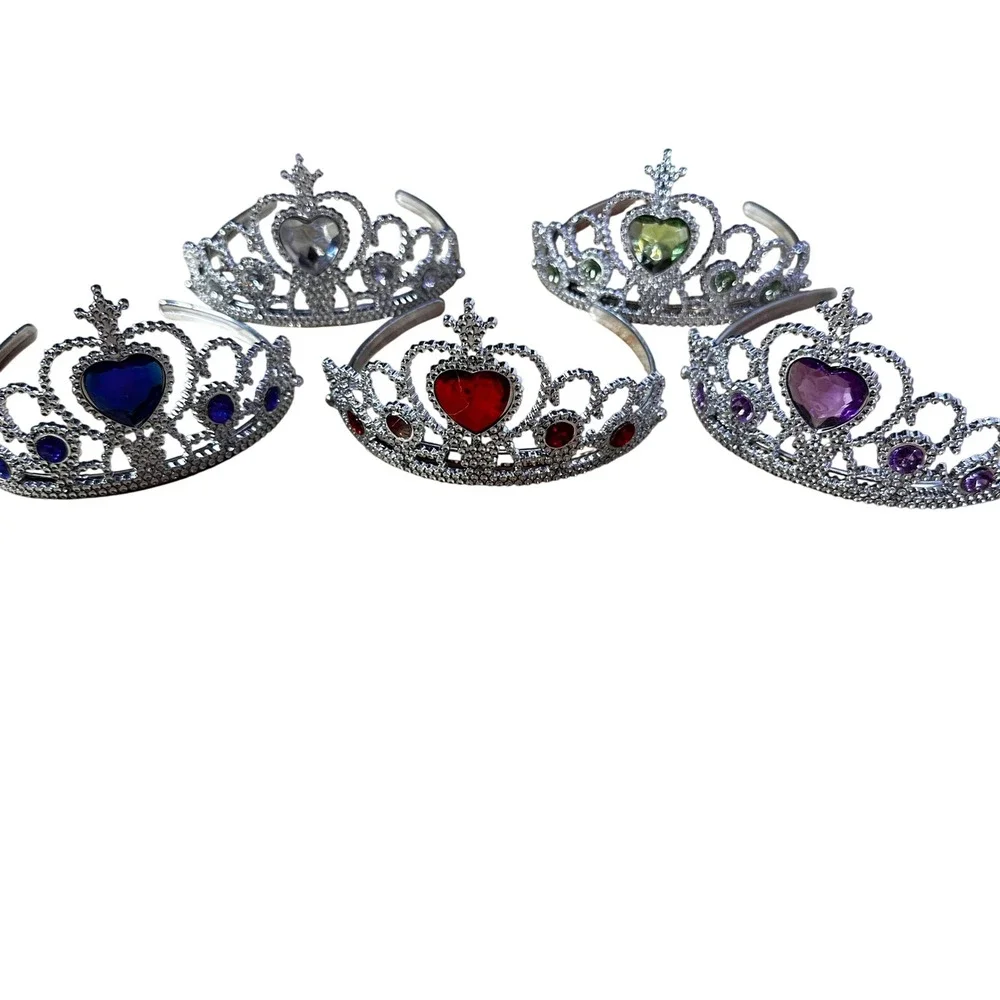 Kids Princess Tiara Headband Set 5 Pack Heart Gemstone Silver Costume Crowns