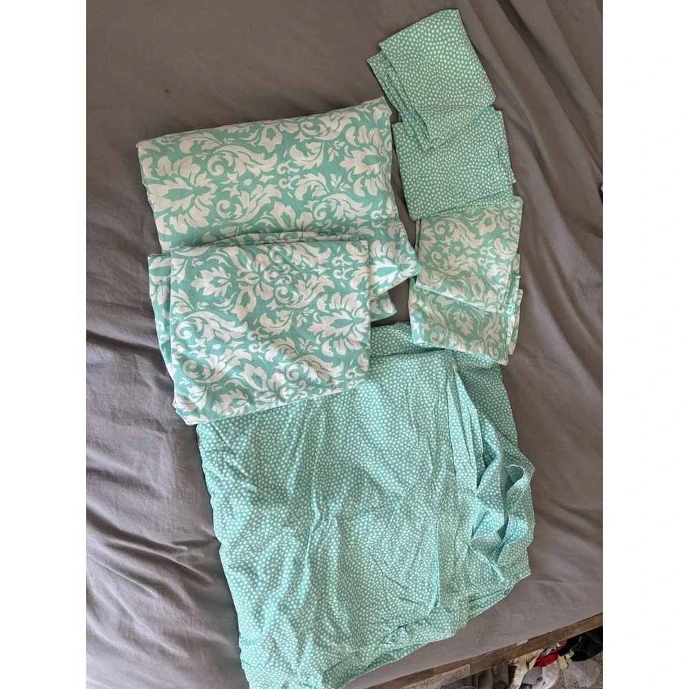Pottery Barn Dorm Full Sheet Set Pool Damask W/ Aqua‎ Dots Duvet And Shams