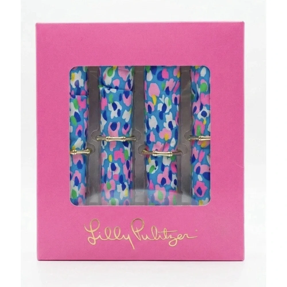 Lilly Pulitzer Hottie Dottie Blue & Pink Napkins‎ & Bamboo Rings | Set of 4 NIB