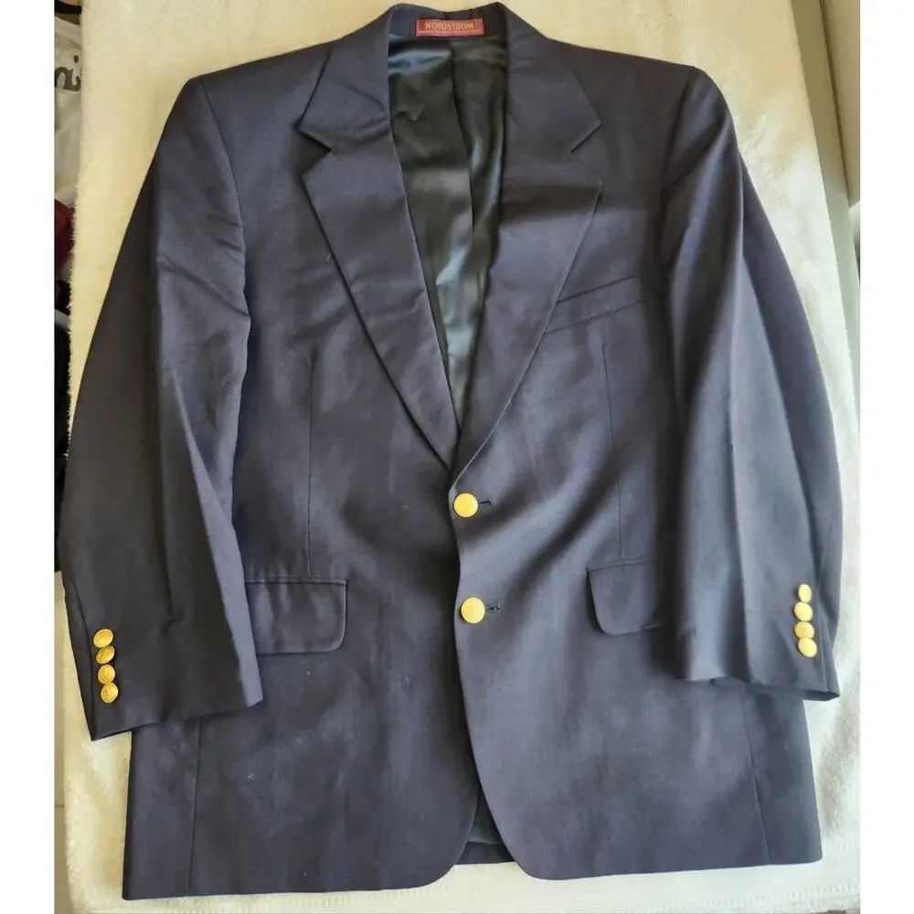 Nordstrom 40S Navy Blazer Gold‎ Buttons 100% Wool Italian Preppy Sport Coat