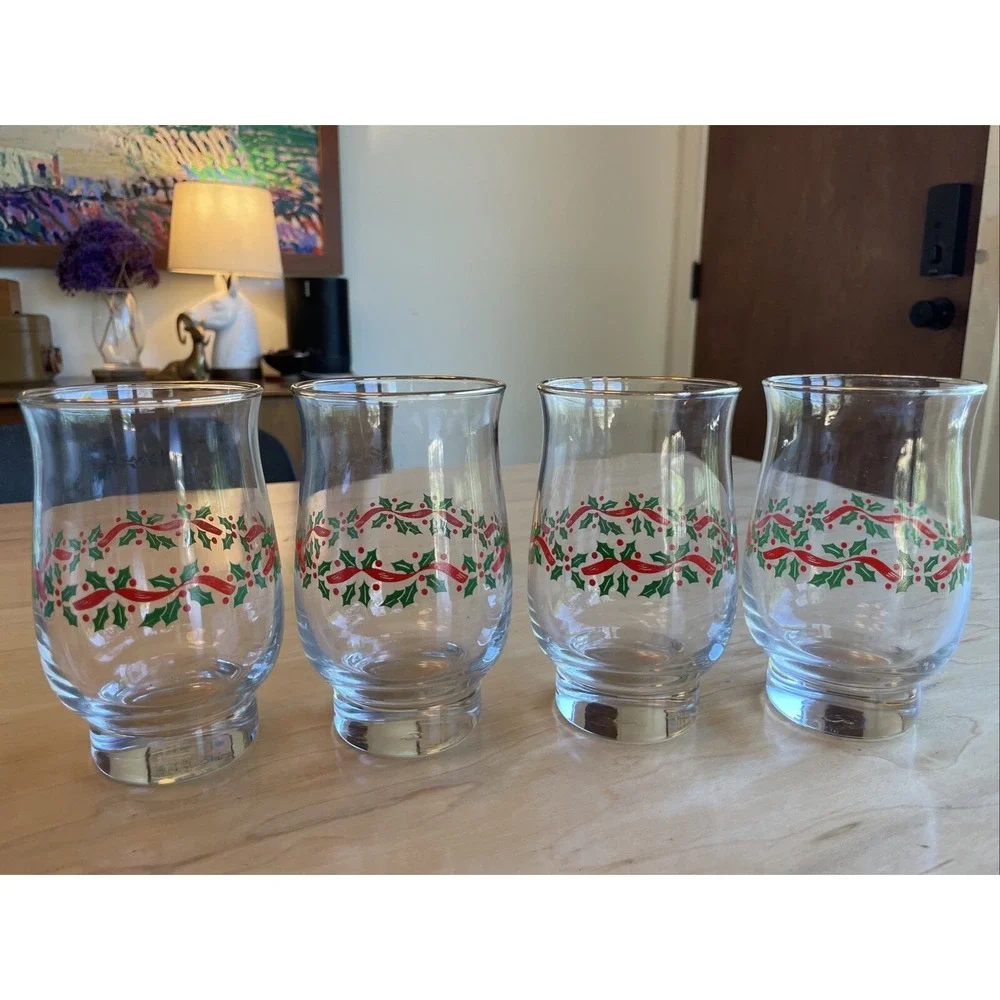 LOT OF 4 VINTAGE LIBBEY ARBY'S HOLLY RIBBONS GLASS TUMBLERS 5 1/4