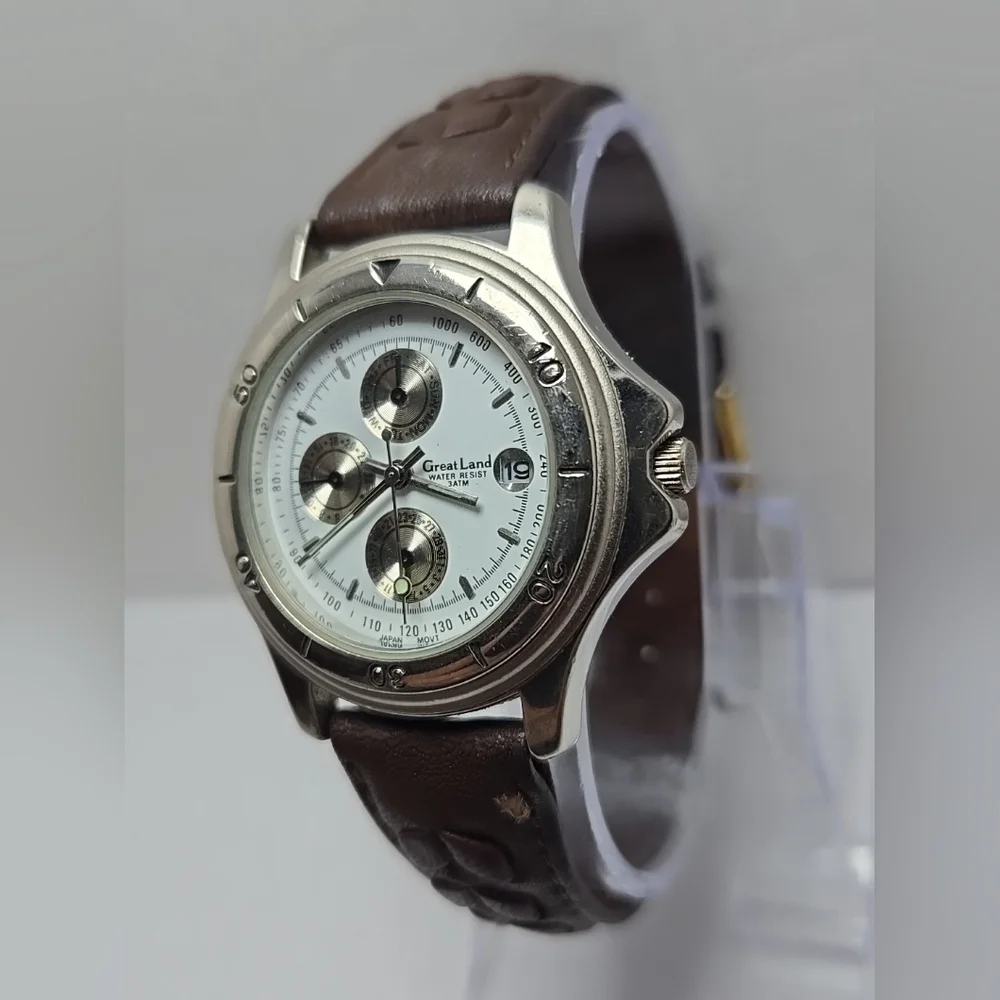Great Land Mens Quartz Multi Dial Watch Date Brown Leather Strap New Battery