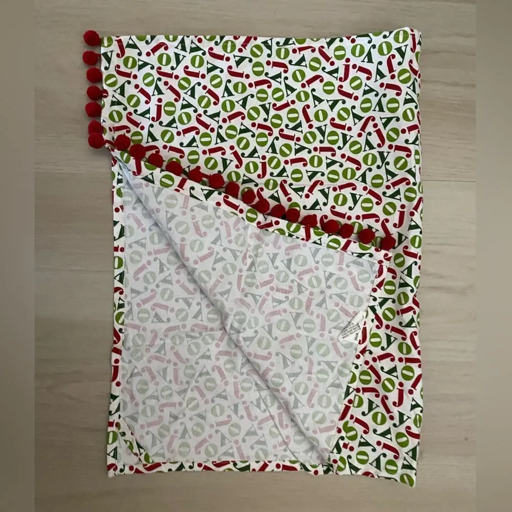 Crate & Barrel Joy Dishtowel with Red and Green Accents with Pom Poms