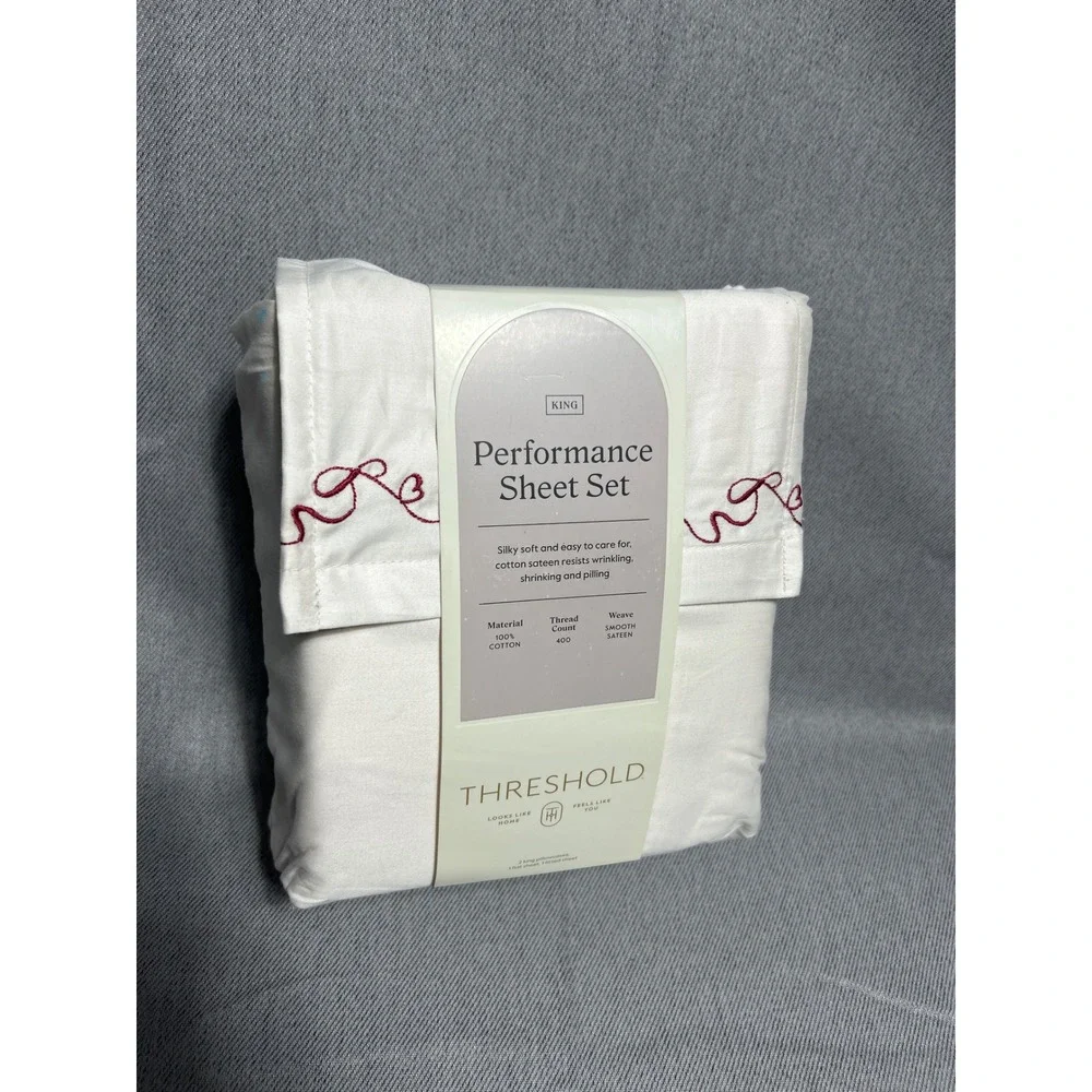 Threshold King Performance Sheet Set 400TC White Red Embroidered Bows 4pc Cotton