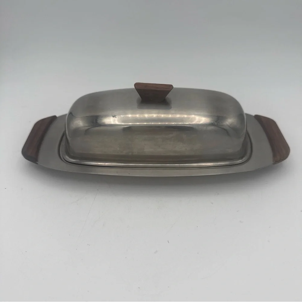 VTG MCM Monarch Mark III 18-8 Stainless Steel Butter Dish Wood Handles Japan