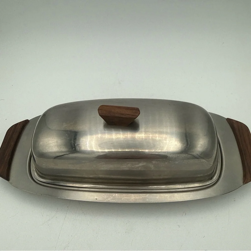 VTG MCM Monarch Mark III 18-8 Stainless Steel Butter Dish Wood Handles Japan