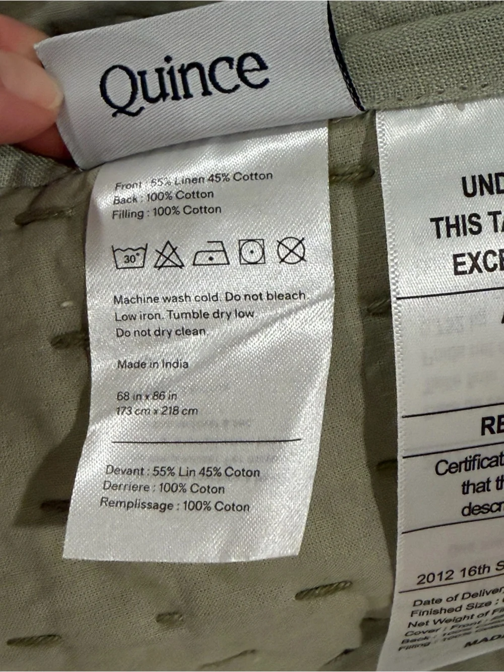 NWT QUINCE Linen Cotton Stitch Quilt Willowleaf Green Full/ Queen
