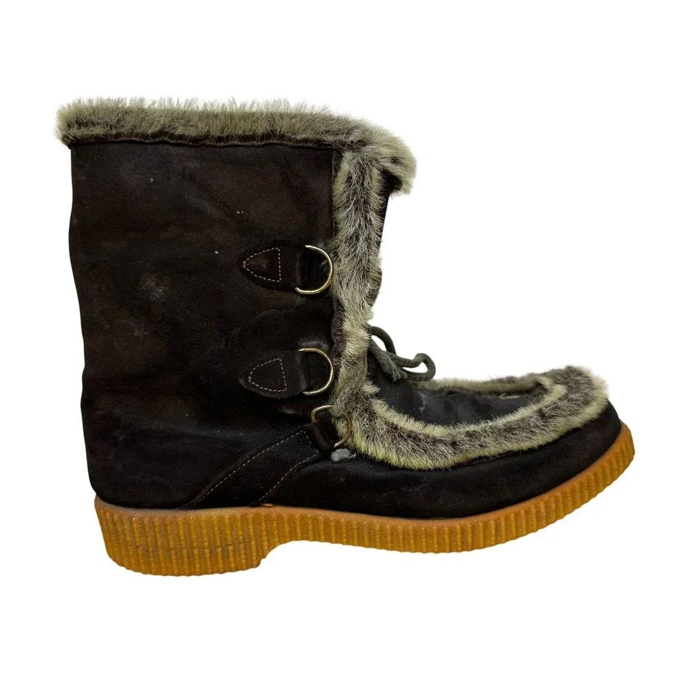 Vintage 70s JCPenneys Snow Boots Womens 7 Brown Suede Fur Trim Lace Up Ski Apres