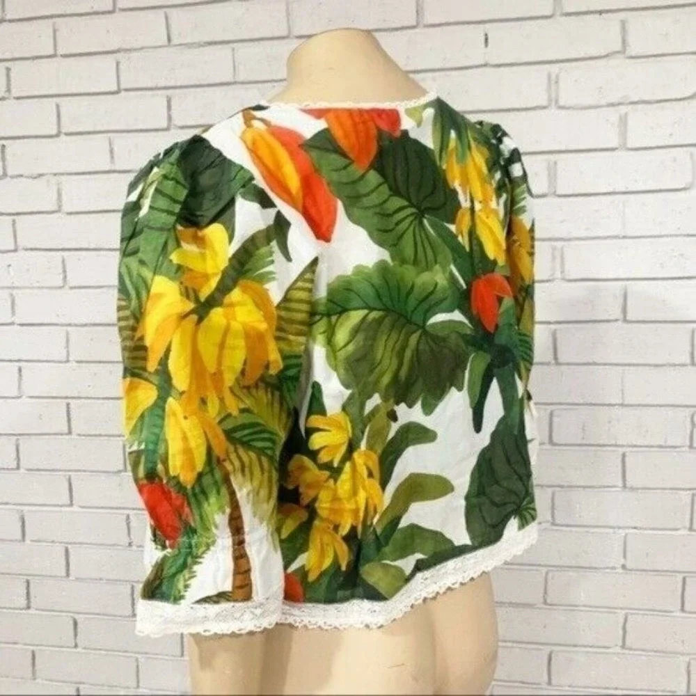 Farm‎ Rio Tropical Lace Trim Cocoa Forest Puff Sleeve Square Neck Top  | Size M