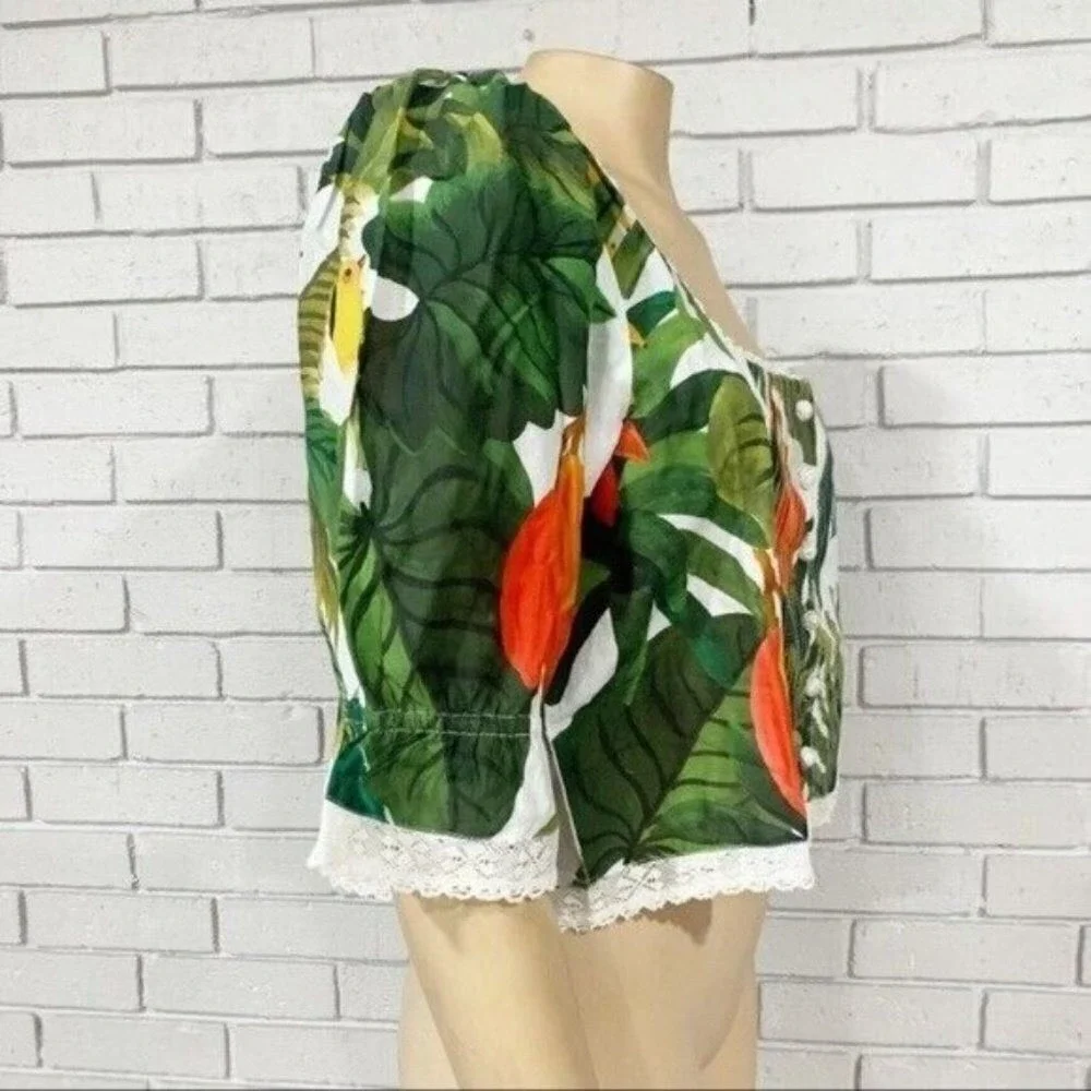 Farm‎ Rio Tropical Lace Trim Cocoa Forest Puff Sleeve Square Neck Top  | Size M