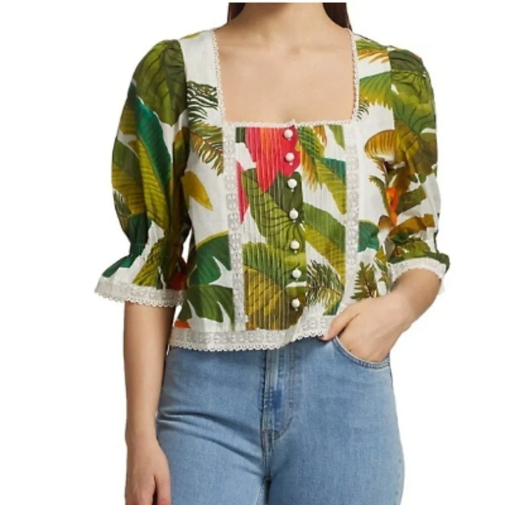 Farm‎ Rio Tropical Lace Trim Cocoa Forest Puff Sleeve Square Neck Top  | Size M