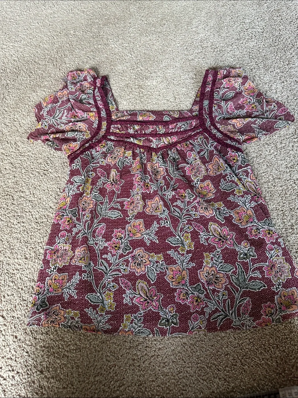 LOFT Burgundy Floral Square-Neck Puff Sleeve Blouse
