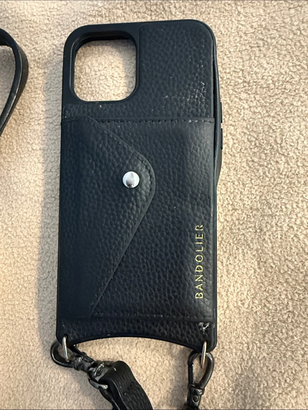 Bandolier Black Leather Crossbody Phone Case with Card Pocket