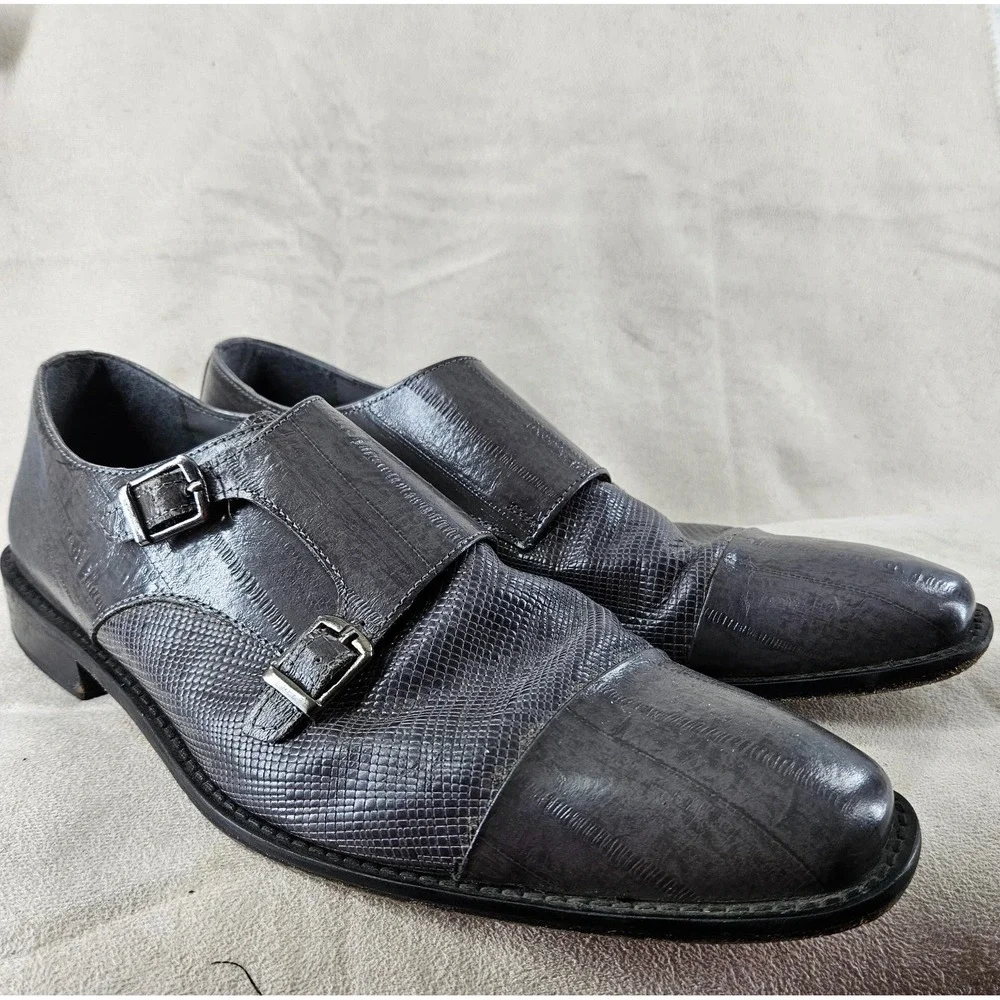 Stacy Adam Dress Shoes Mens 10.5 Gray Cow‎ Leather Double Monk Strap Cap Toe