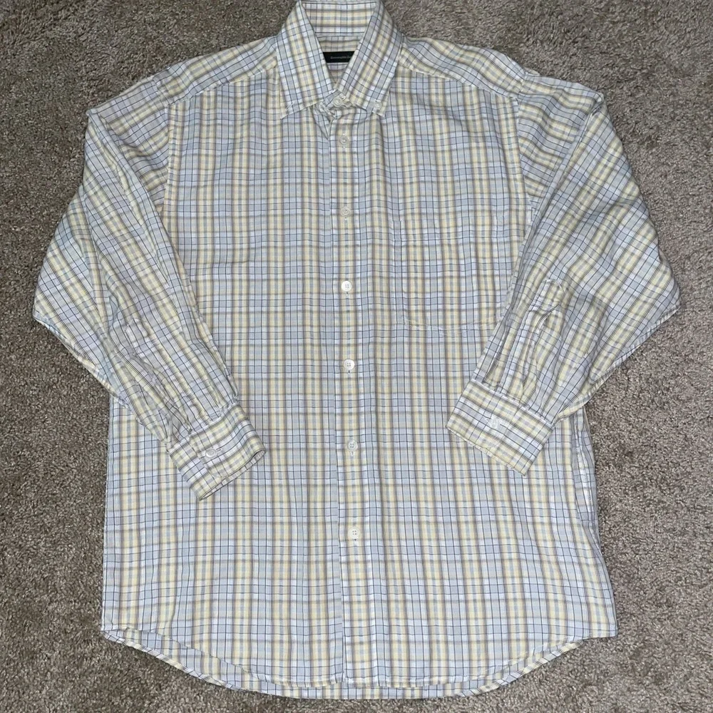 Ermenegildo Zegna Mens‎ M Plaid Shirt Yellow Gray Cotton Long Sleeve Button Up
