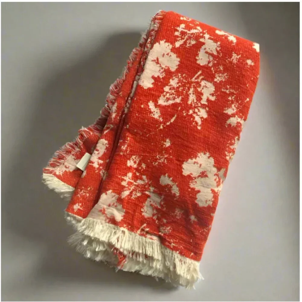Anthropologie Large Floral Chenille Throw Blanket Orange Fringe Plush