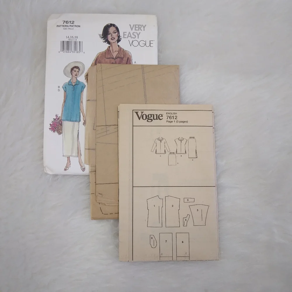 VOGUE 7612 Misses top w/ long-short sleeves, long-short skirt Size 14-16…