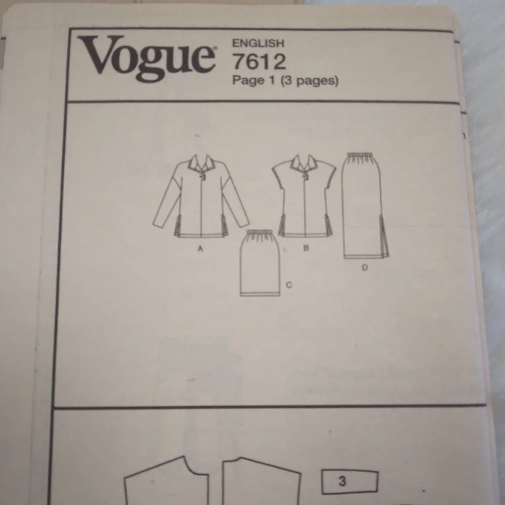 VOGUE 7612 Misses top w/ long-short sleeves, long-short skirt Size 14-16…