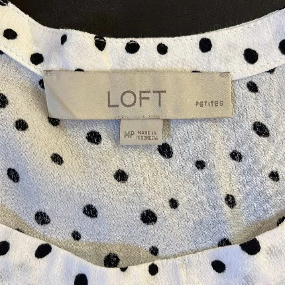 Loft Women's Polka Dots Blouse‎ Balloon Half Sleeve Top Rayon White Petite MP