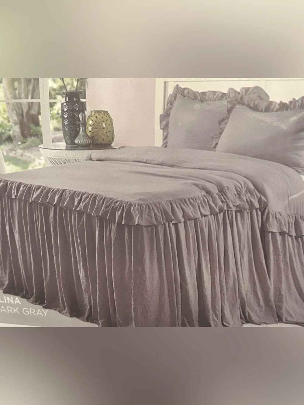 Dark Gray Ruffled Bed Skirt and Pillow Shams - Brand