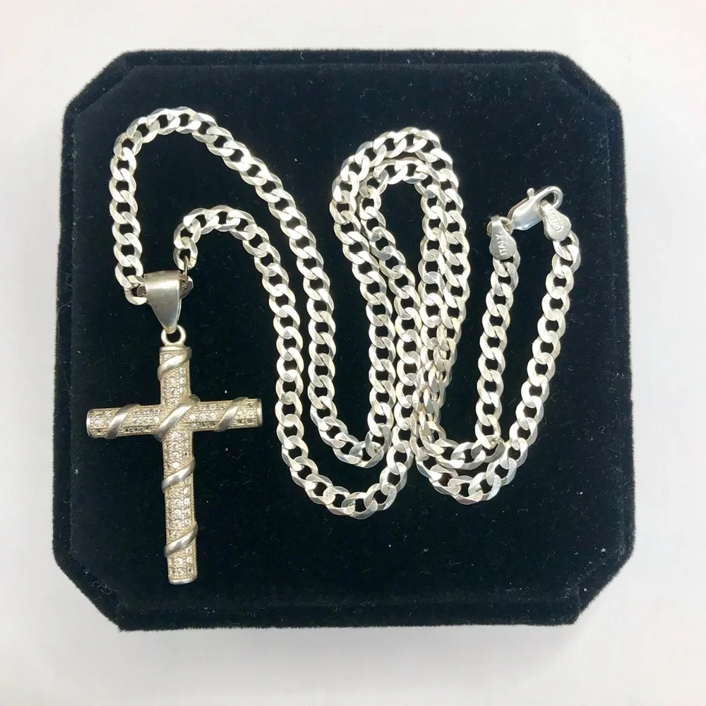 Silver Cuban Chain Necklace with Pave Cross Pendant 925 Sterling Silver 20”