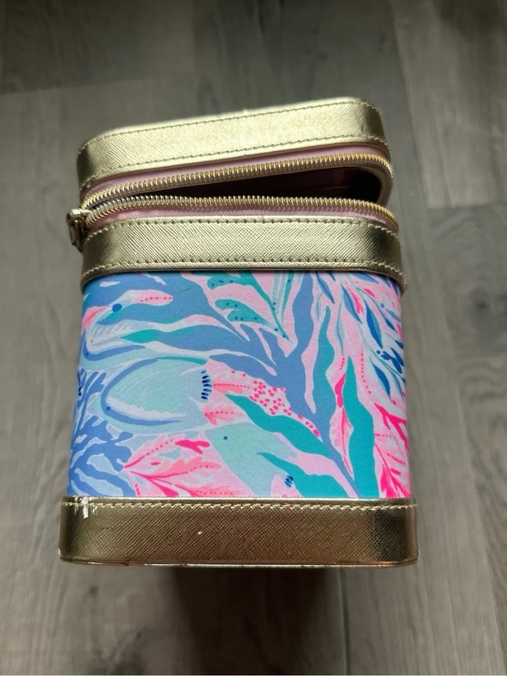 Lilly Pulitzer Gold Trim Cosmetic Pouch with Pink, Blue & Aqua Print