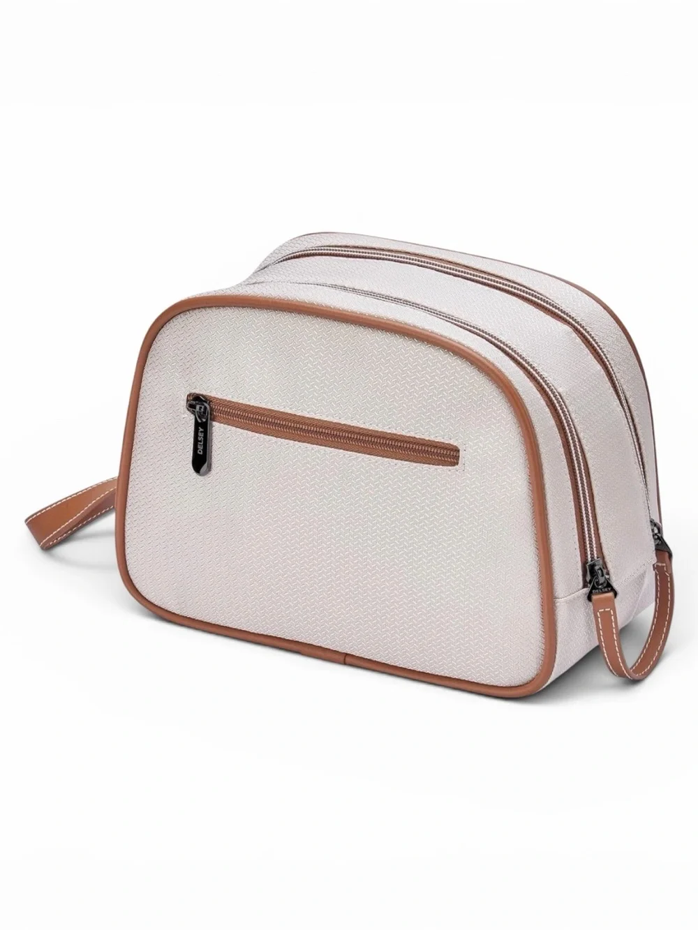 Canvas Zip Makeup Pouch with Tan Trim - Women Cosmetic Bag