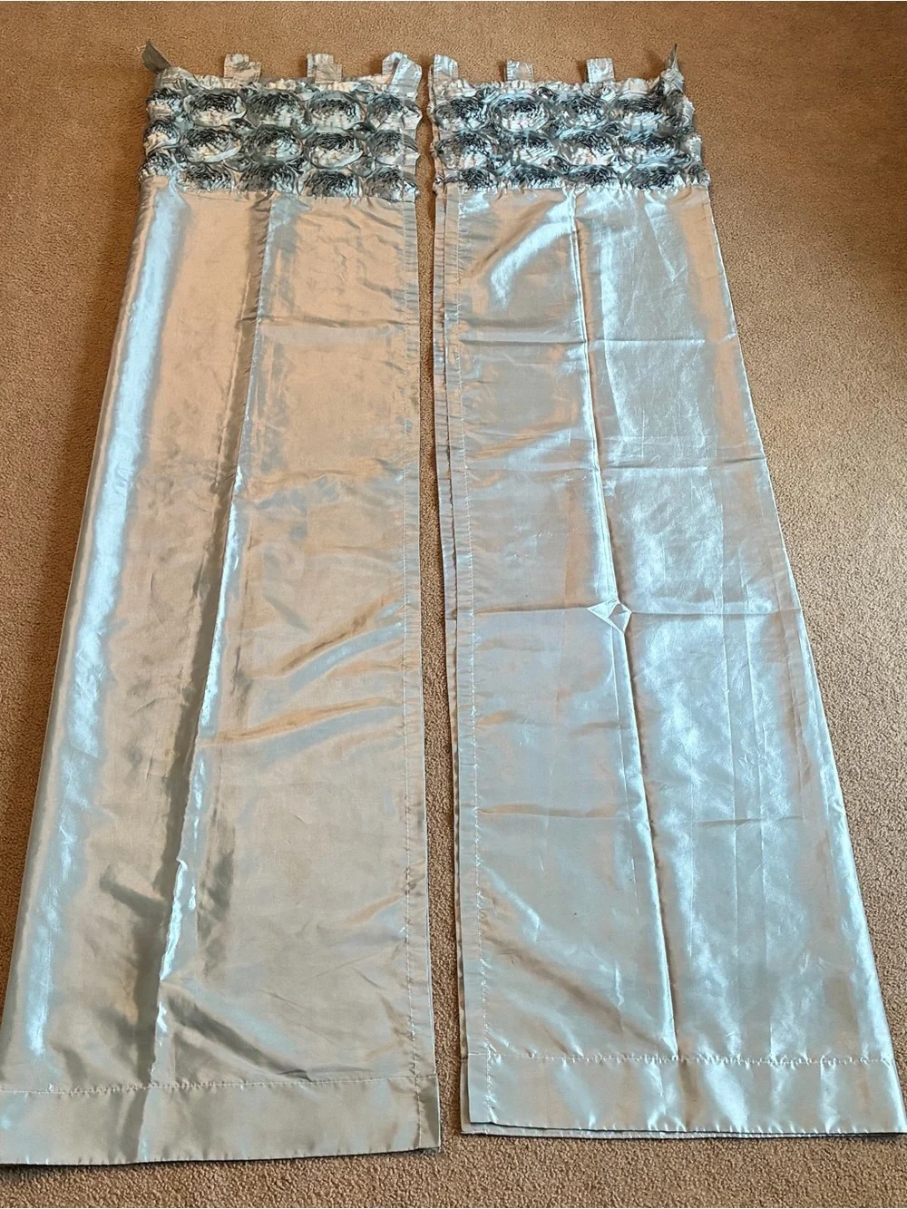 Set Of Two Teal Metallic Blue Silky Satin Curtain Panels 80x40 Inches Floral Top