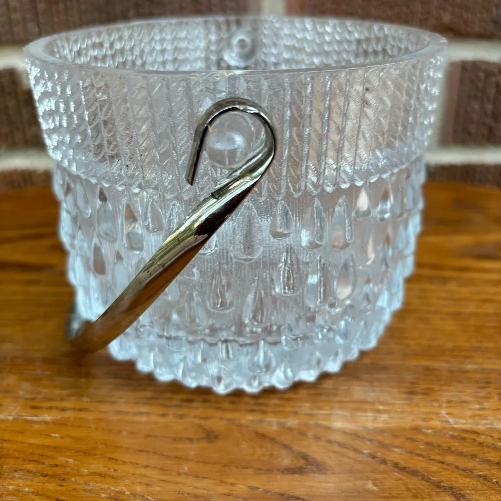 Vintage Midcentury France Made Tear Drop Textured Glass Ice Bucket with tongs