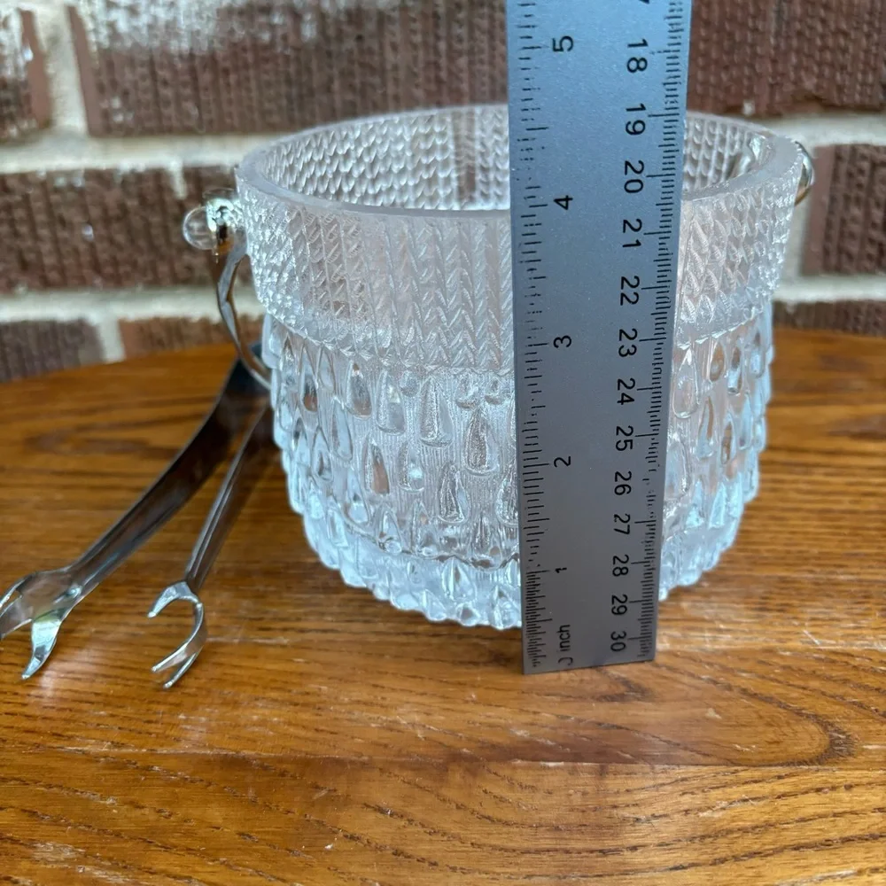 Vintage Midcentury France Made Tear Drop Textured Glass Ice Bucket with tongs