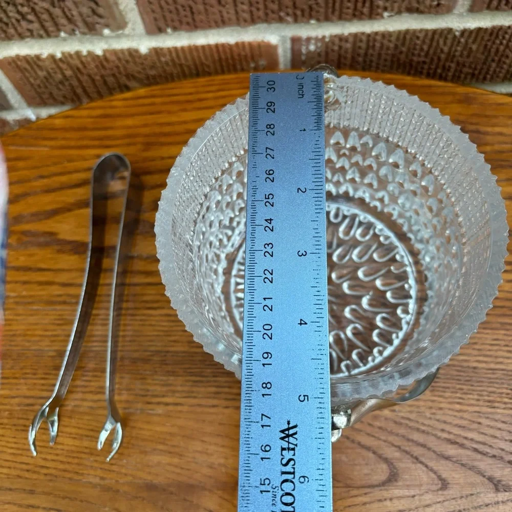 Vintage Midcentury France Made Tear Drop Textured Glass Ice Bucket with tongs