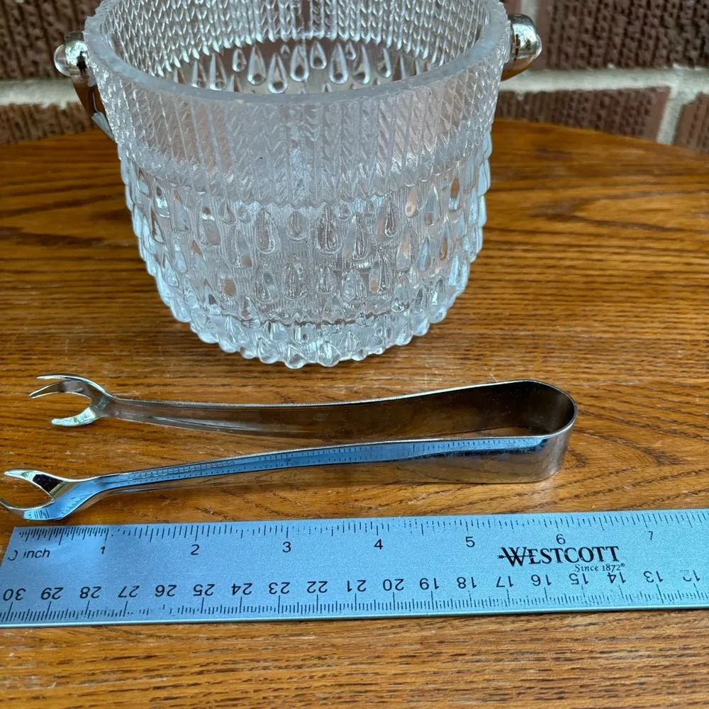 Vintage Midcentury France Made Tear Drop Textured Glass Ice Bucket with tongs