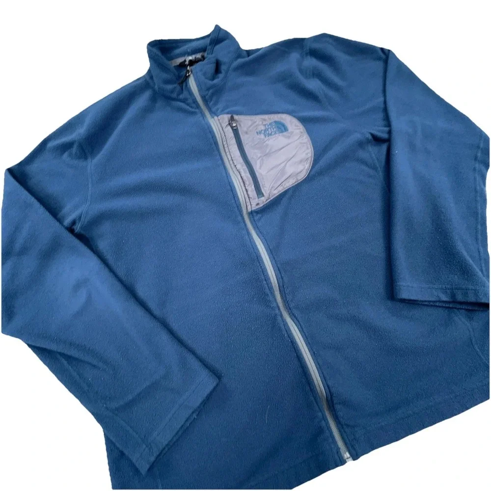 North Face Jacket Men Large Blue Gray Fleece Full Zip Sweater Layer‎ Pocket  *
