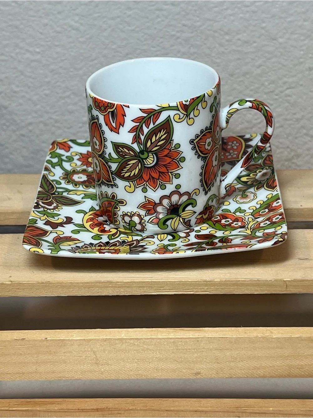 ☀️2/$20 Brightly Colored Floral Demitasse Espresso Cup & Square Saucer Set | EUC