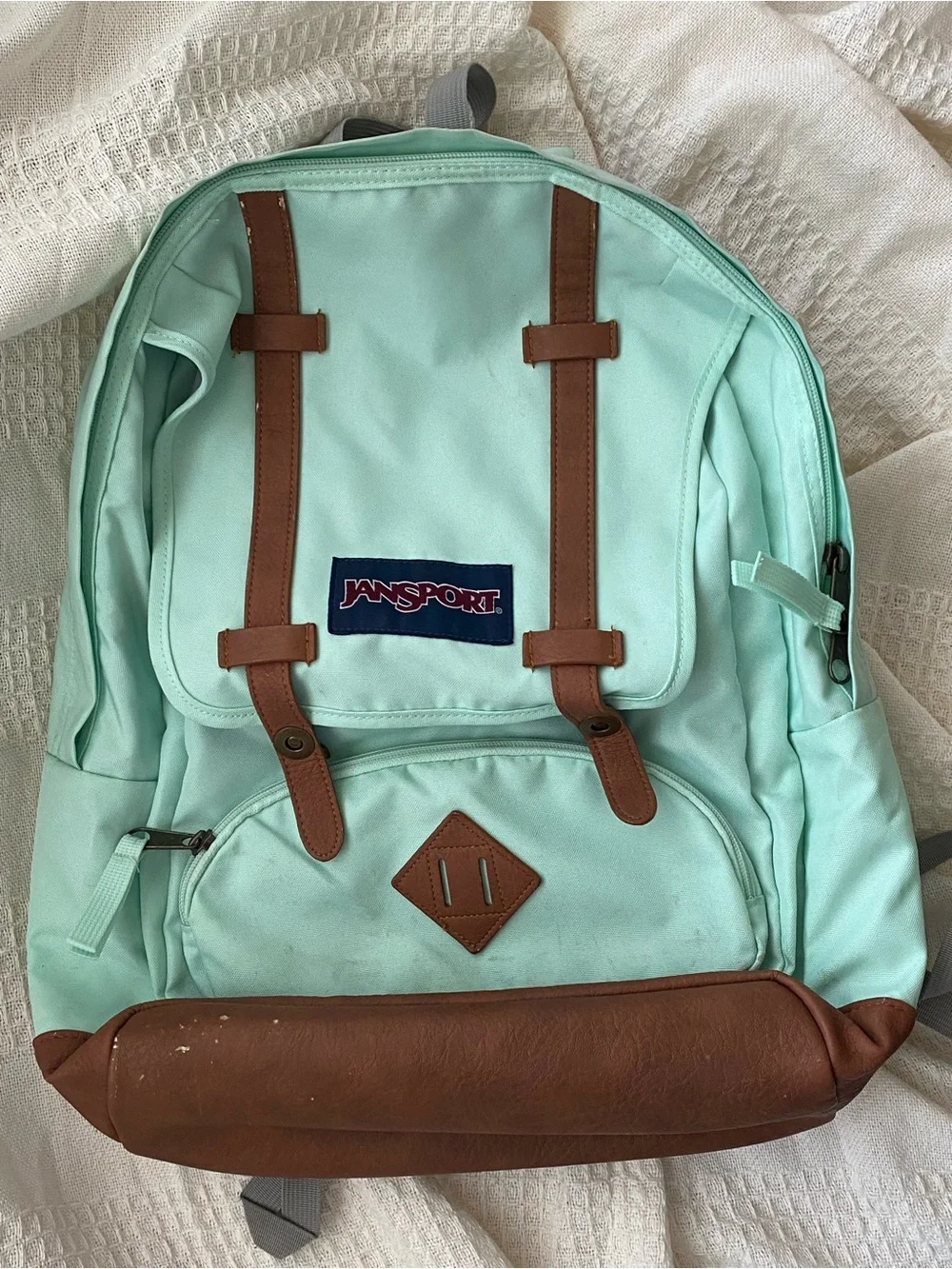 JanSport Mint Green Backpack with Brown Accents
