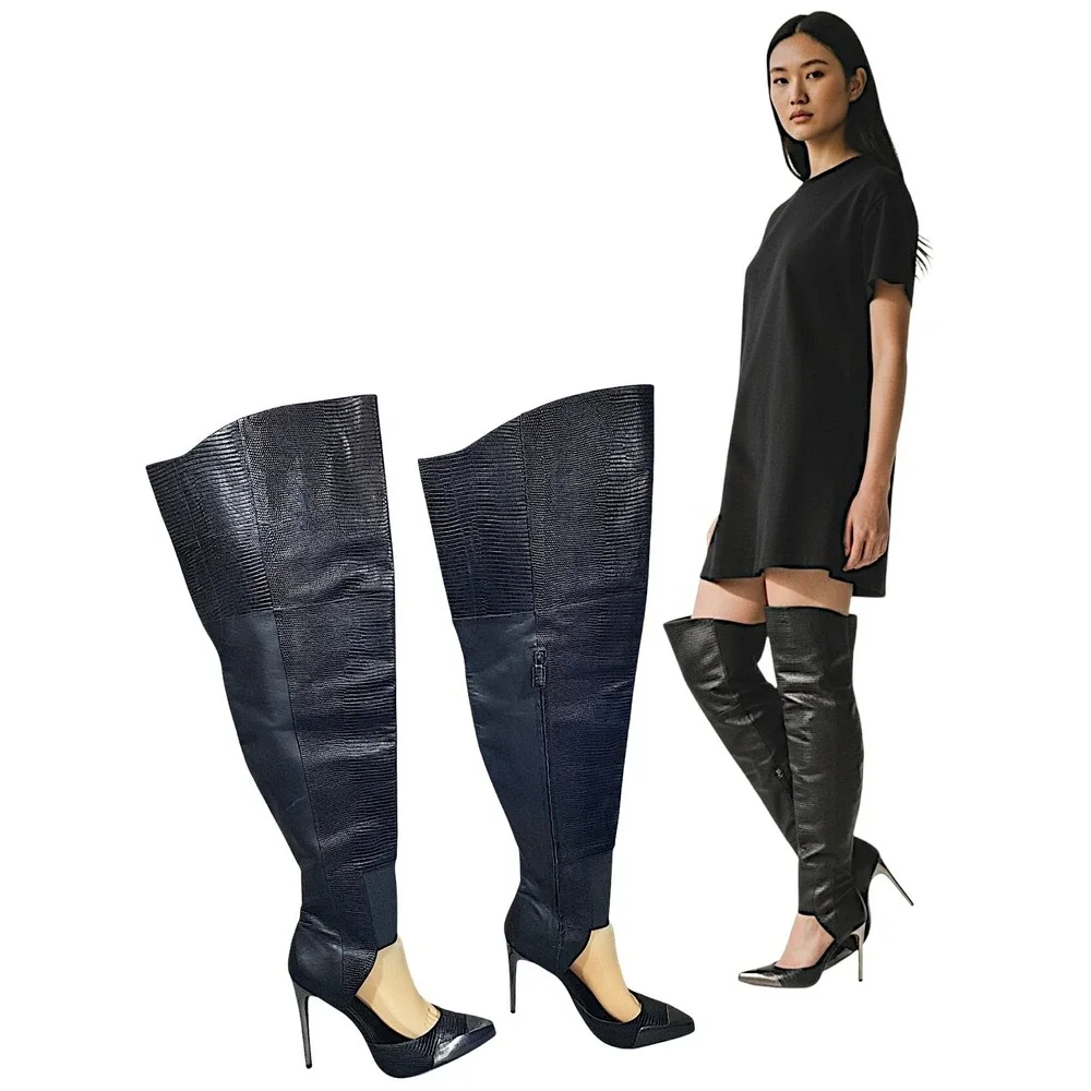 BCBGMAXAZRIA Runway Boots 9M Concorde Black Leather Lizard Print Thigh High 4.5