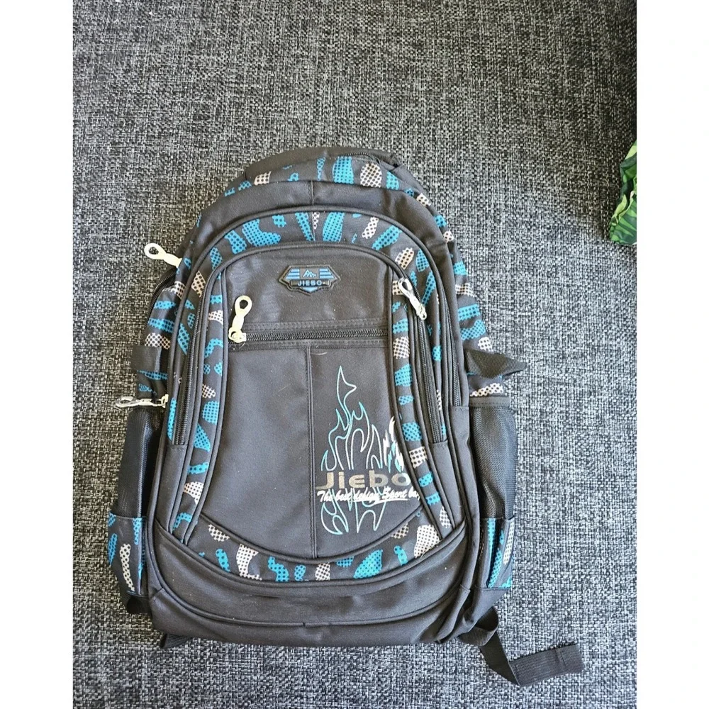 Jiebo Sport Backpack Unisex Large Black Blue Flame Graphic School Gym