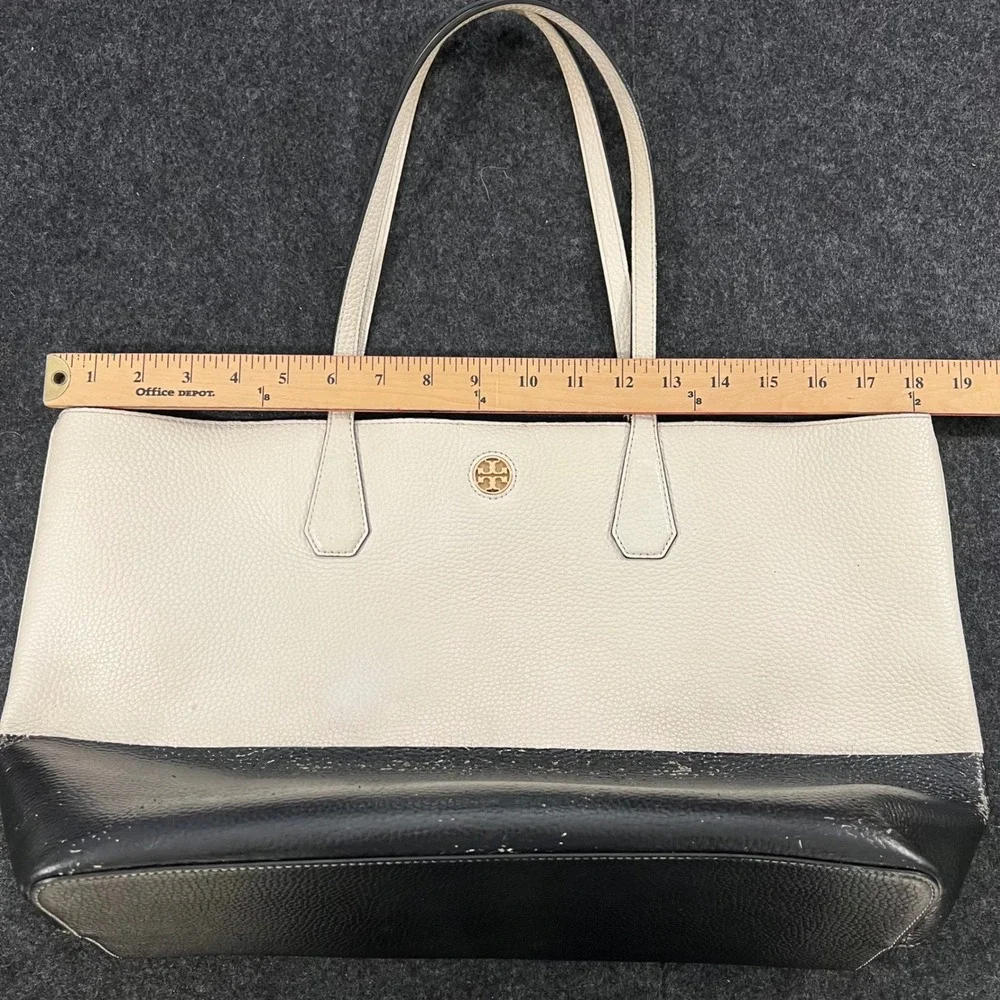 Tory Burch Perry Tote Womens Large White Black Leather Shoulder Bag Handbag