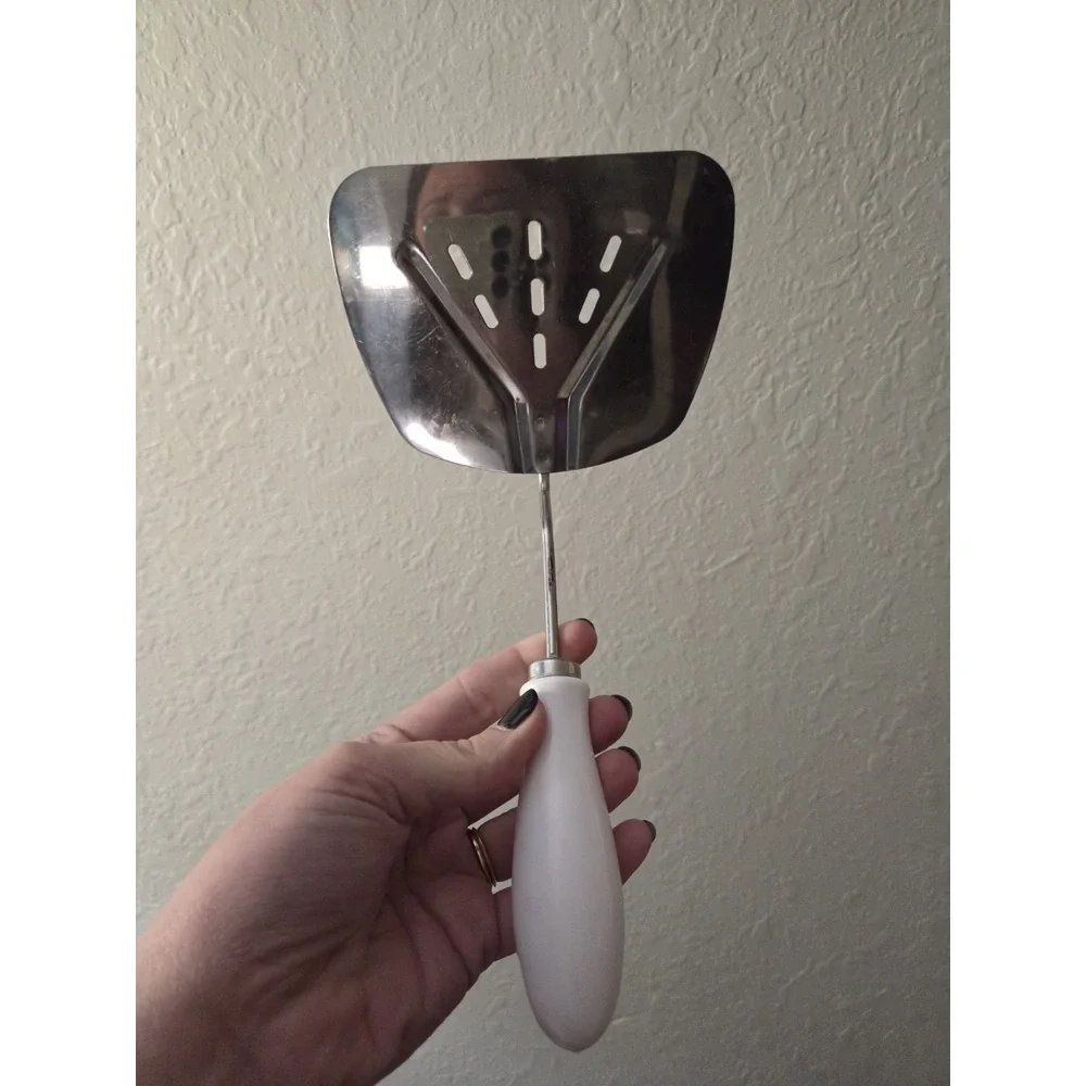 Vintage Foley‎ Slotted Spatula , Flipper, Or Turner With White Handle