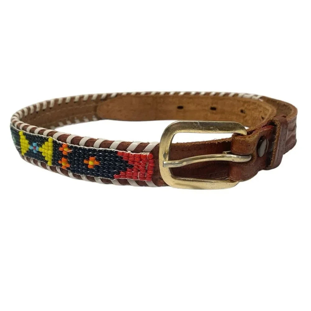 Vintage Genuine Cowhide Hand Beaded & Laced Aztec Tooled Leather Belt Size 24