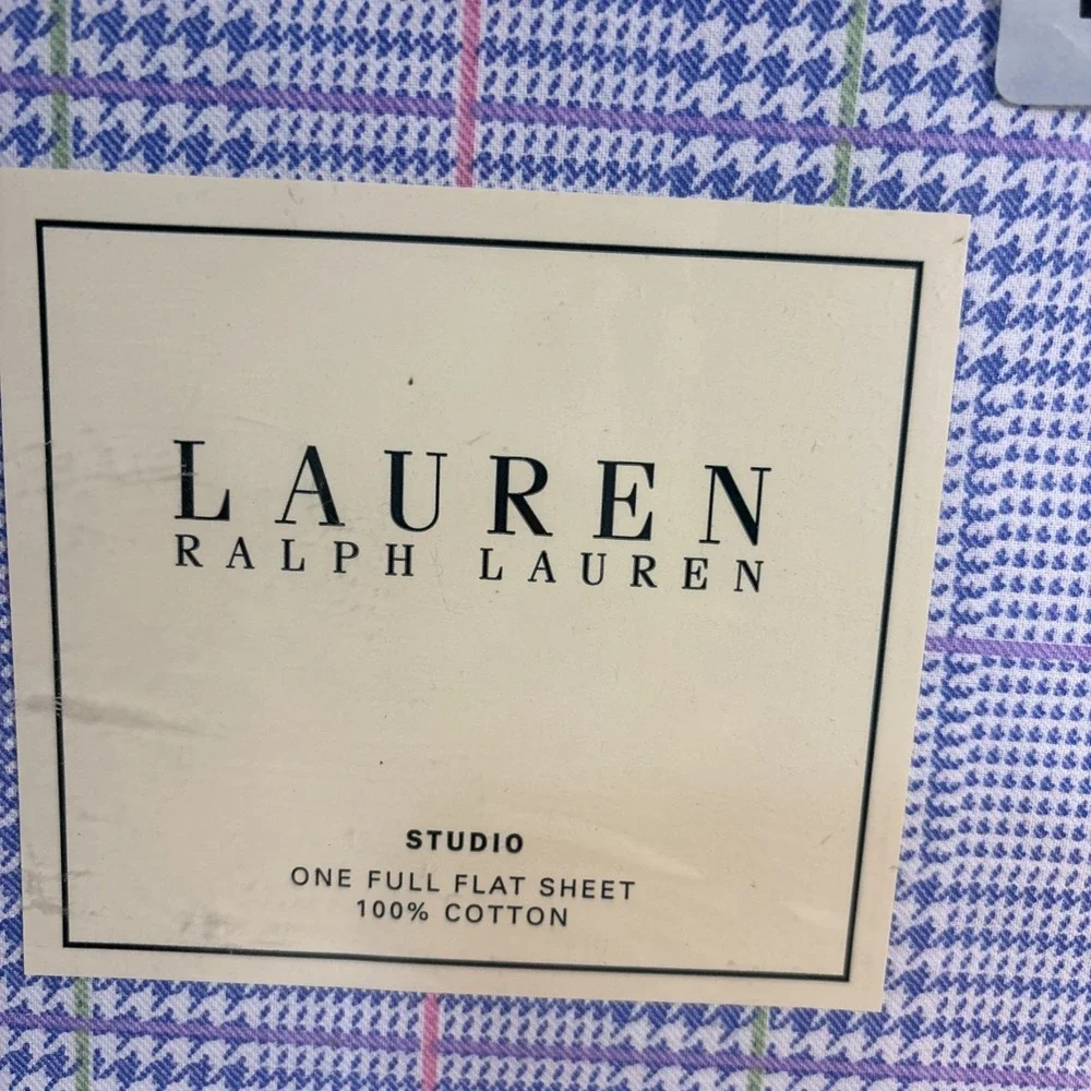 LAUREN RALPH LAUREN‎ Studio Glen Plaid Seaview Full Flat Sheet 100% Cotton Blue