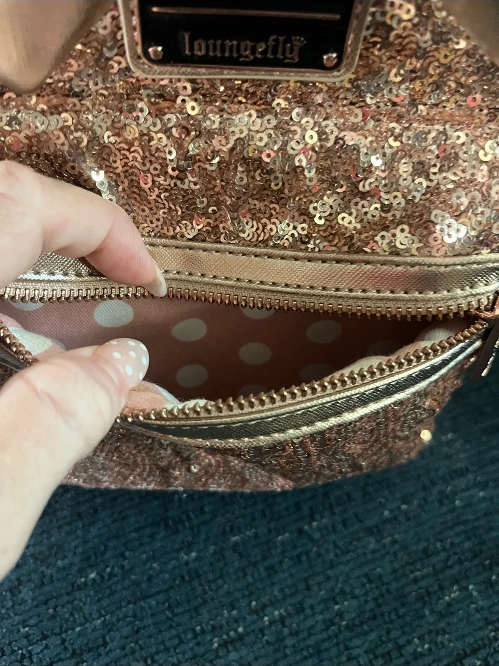 Loungefly Rose Gold Sequin Mini Backpack with Metallic Bow