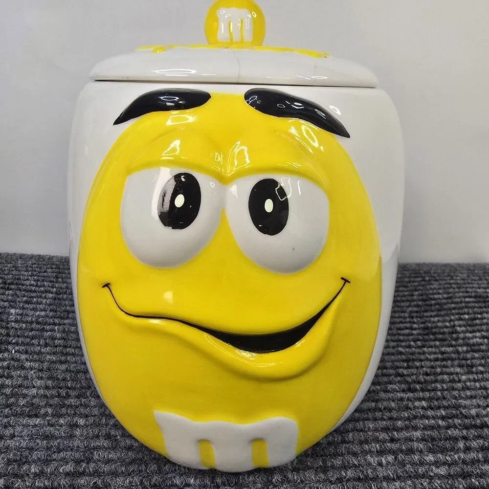 2003 Galerie Yellow M & M Ceramic Cookie Candy Jar Vintage Canister w/ Lid READ