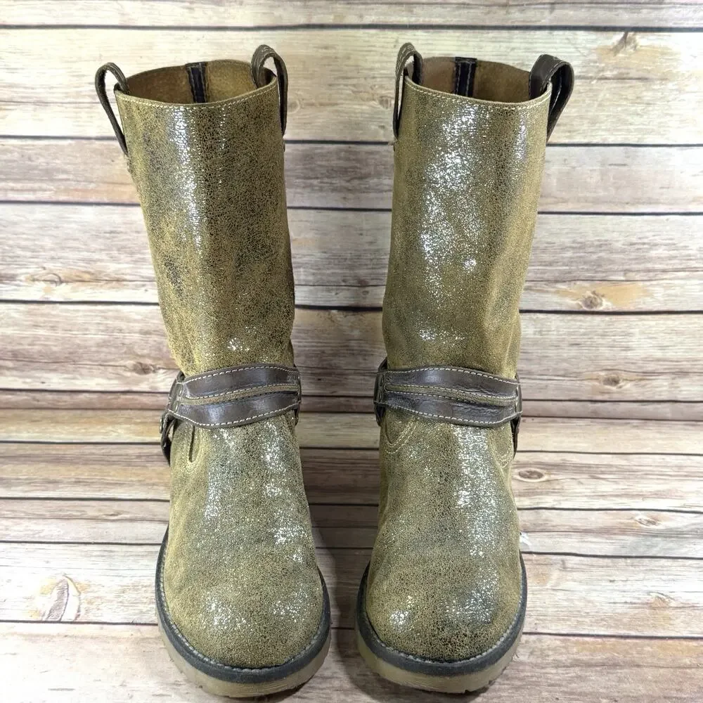 Sbicca Womens Distressed Metallic Gold & Brown Leather Ozark Moto Boots 9