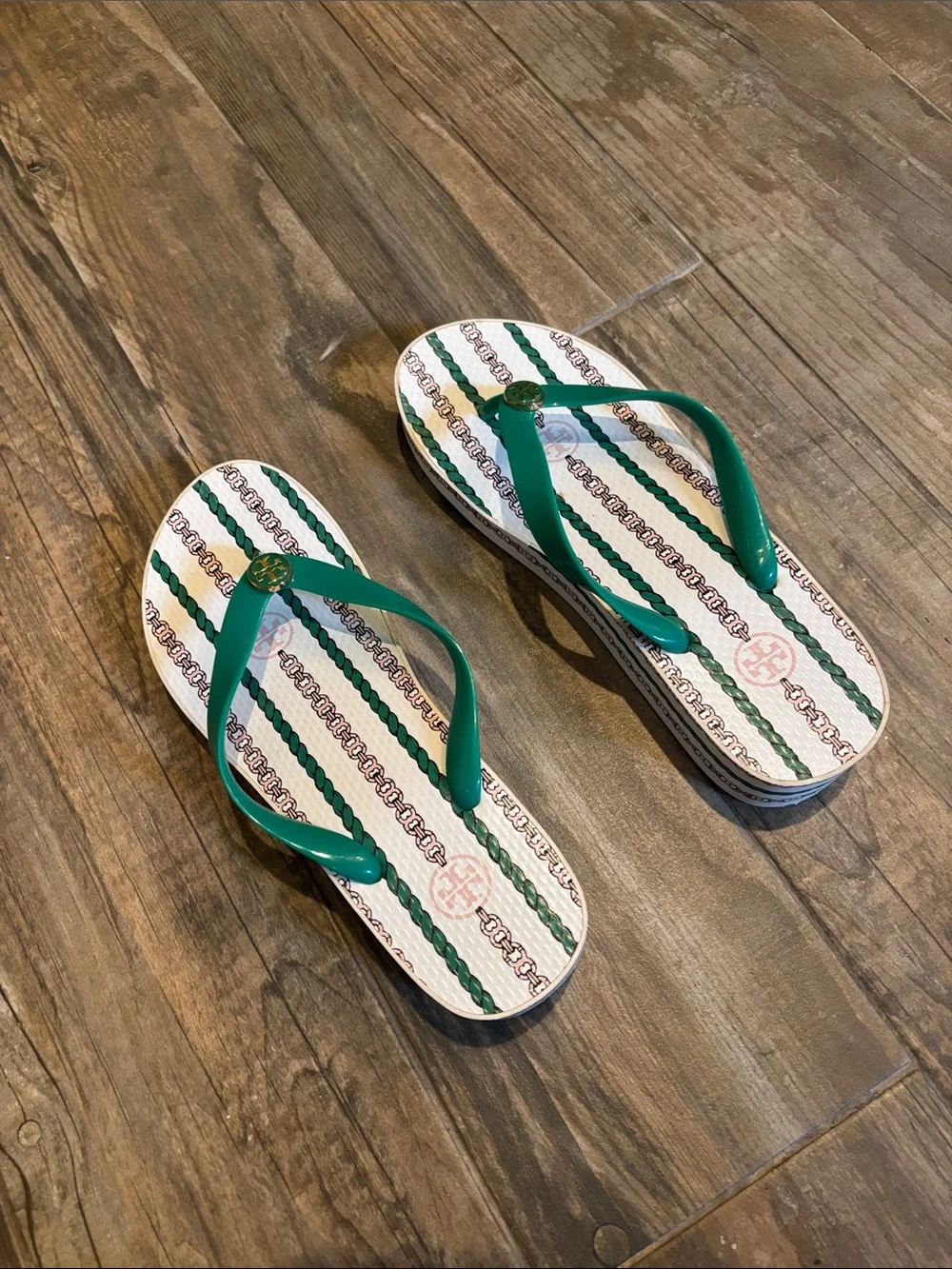 Tory Burch White Footbed Flip Flops with Green Straps